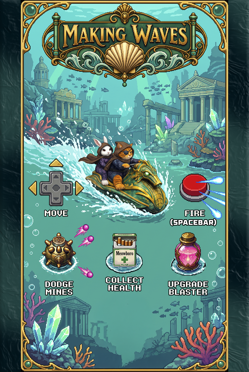 Move with the directional pad, fire with the red button or spacebar, dodge mines, collect health, and upgrade the blaster.